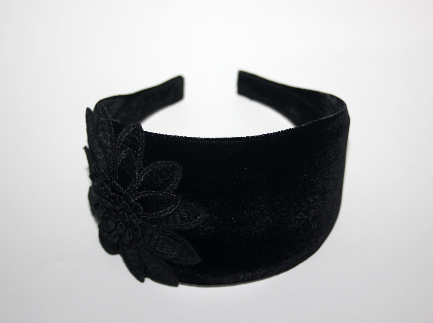 Black velvet headband with flower Extra wide floral hairband scarf, plastic free