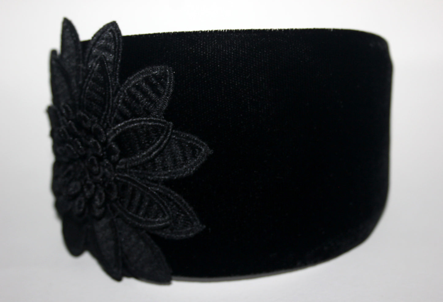 Black velvet headband with flower Extra wide floral hairband scarf, plastic free