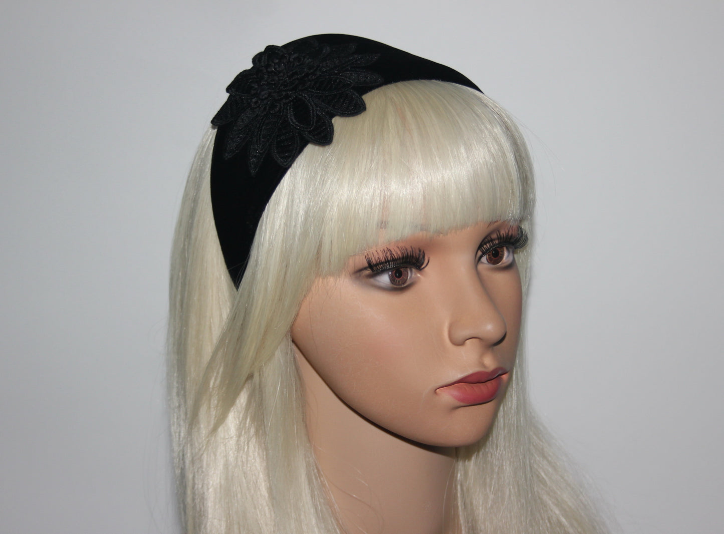 Black velvet headband with flower Extra wide floral hairband scarf, plastic free