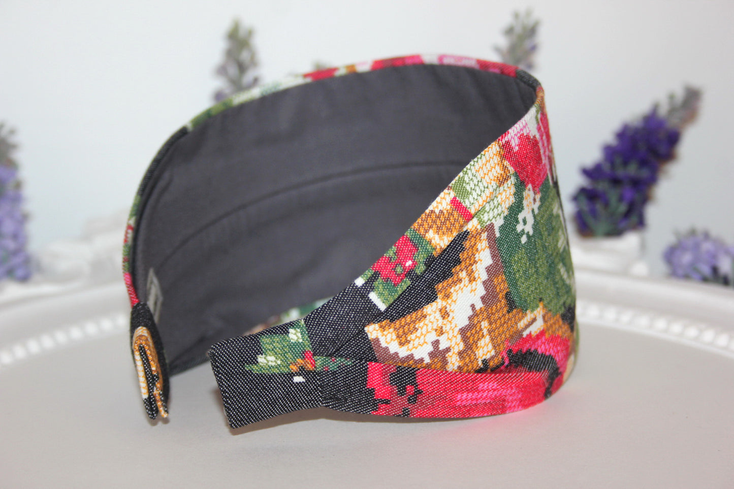 Retro headband women wide cross stitch pattern hairband chambray denim