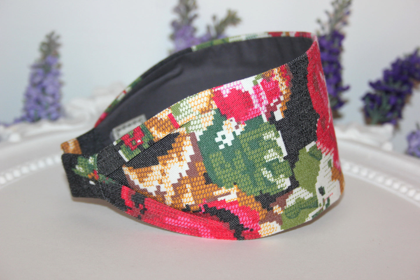 Retro headband women wide cross stitch pattern hairband chambray denim