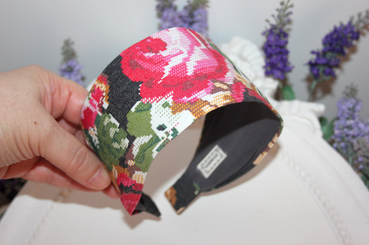 Retro headband women wide cross stitch pattern hairband chambray denim