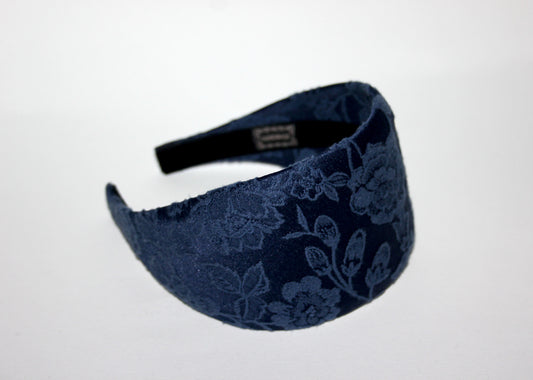 Headband women Dark Blue head scarf jacquard cotton blend satin head band preppy head accessory, plastic free