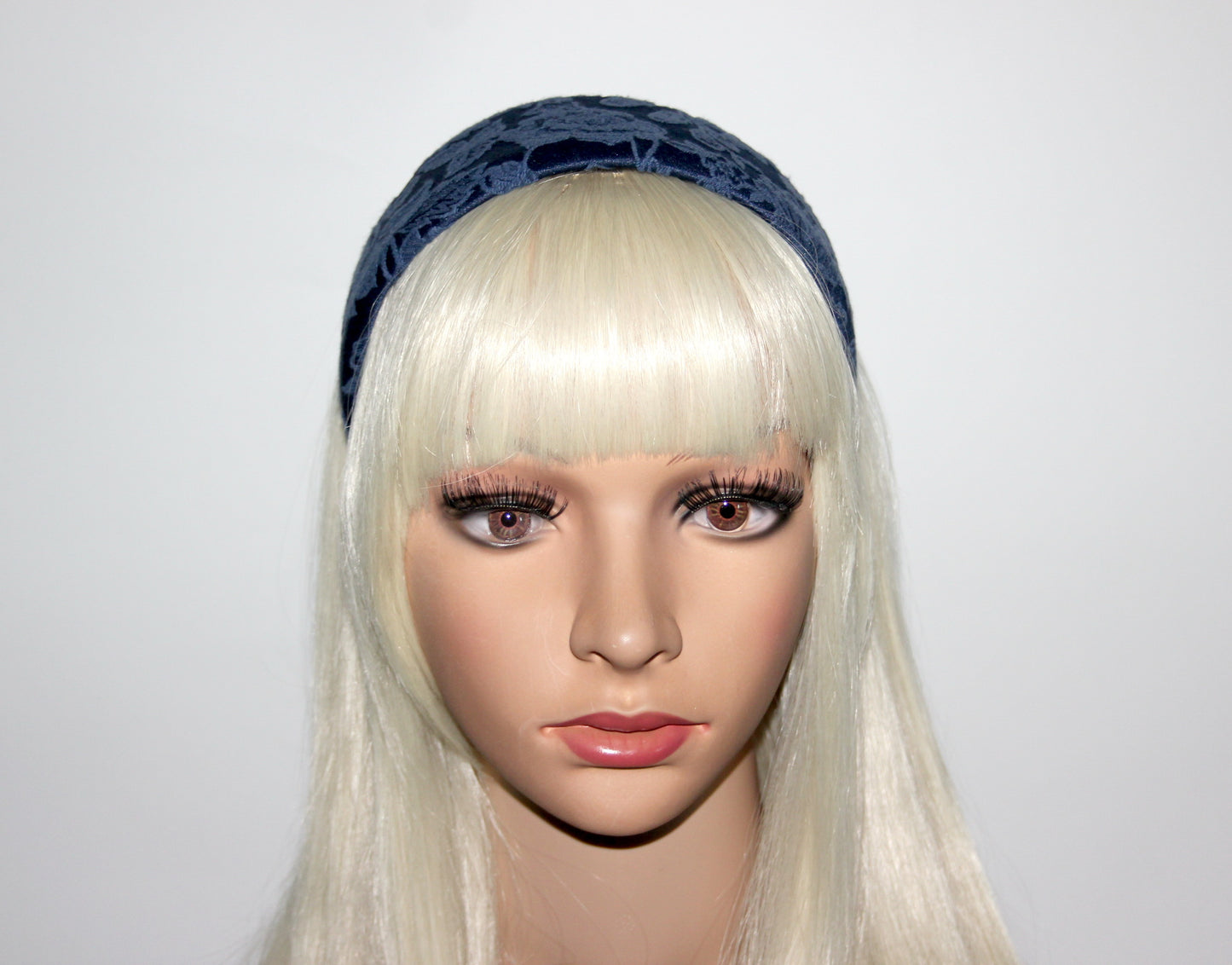 Headband women Dark Blue head scarf jacquard cotton blend satin head band preppy head accessory, plastic free