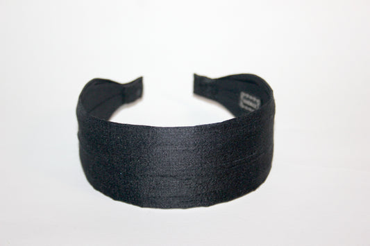 Black raw silk flat headband Handmade women hairband, adjustable, plastic free