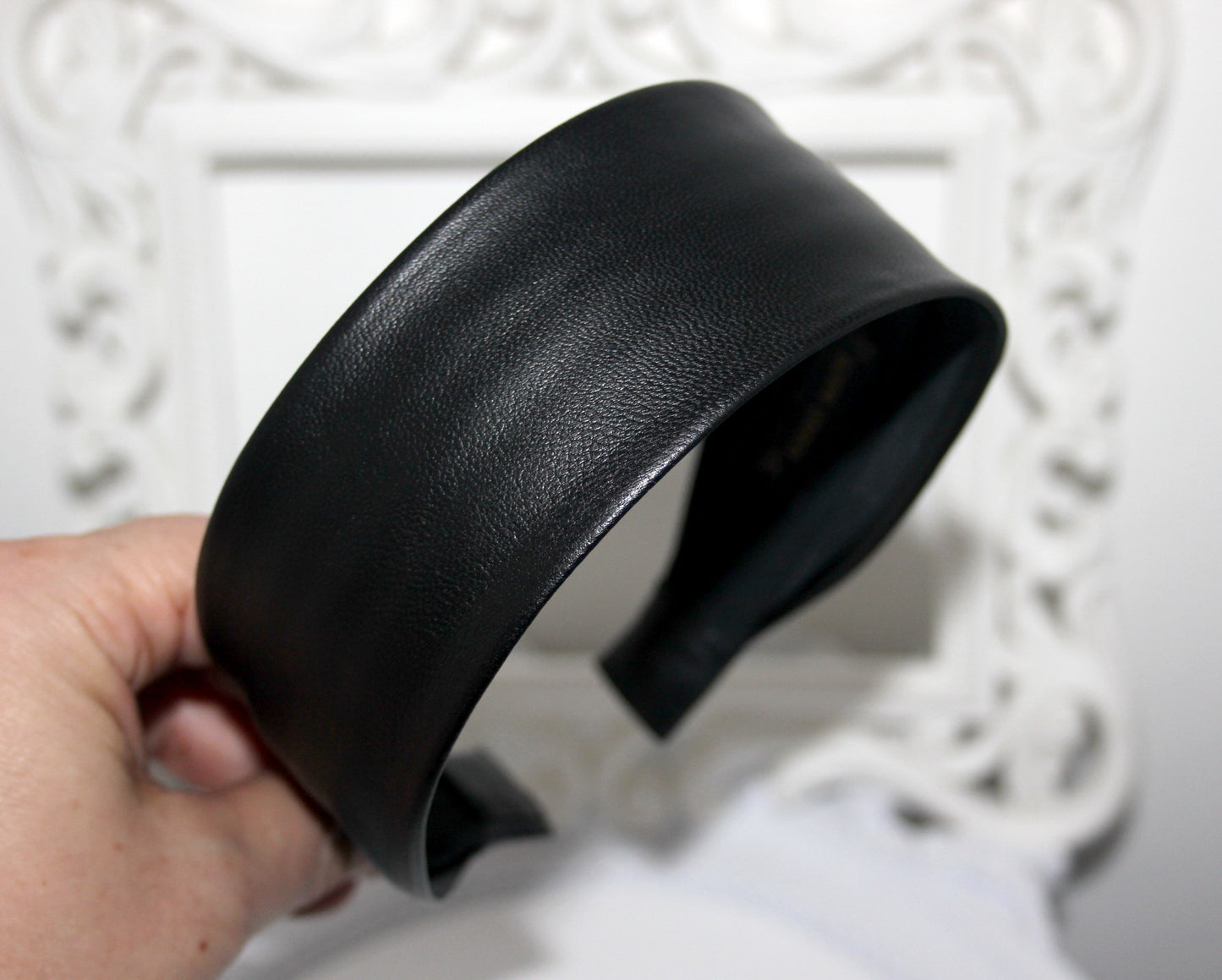Genuine Black flat headband Italian soft lambskin leather hairband for women, unique design, plastic free
