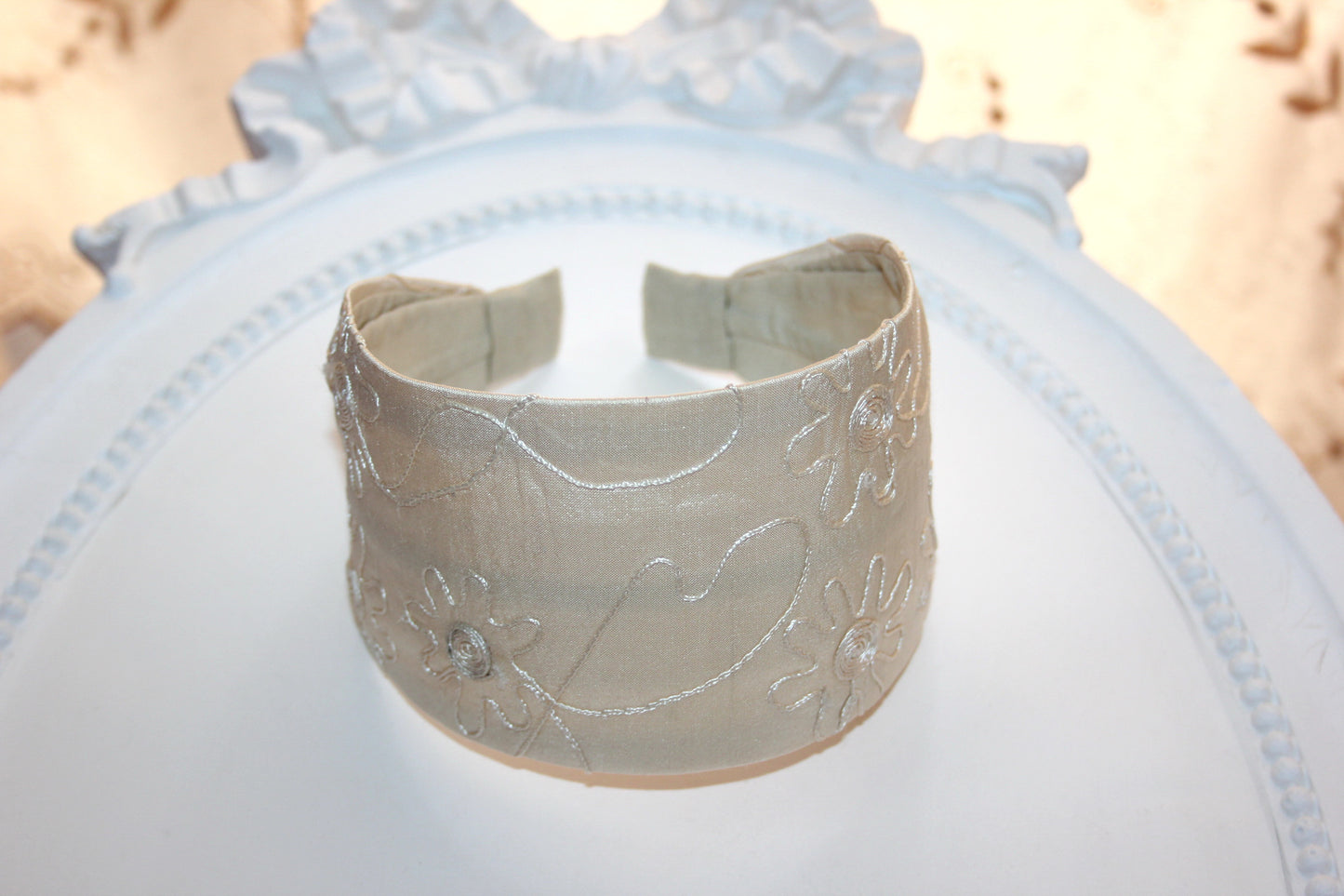 Embroidered silk headband, Beige Wide hair band Comfy headpiece