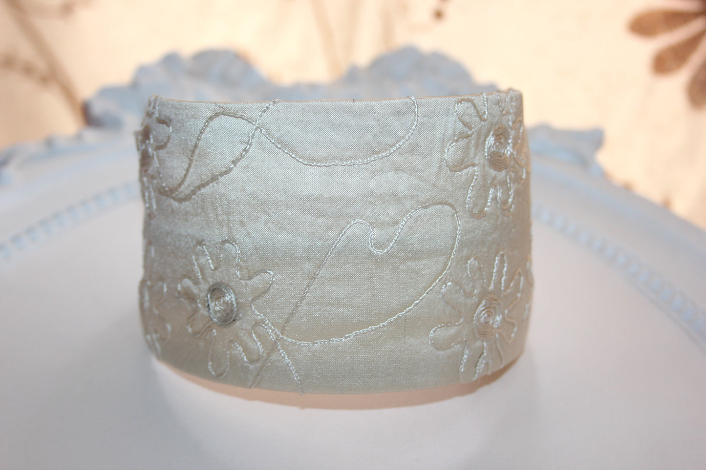 Embroidered silk headband, Beige Wide hair band Comfy headpiece