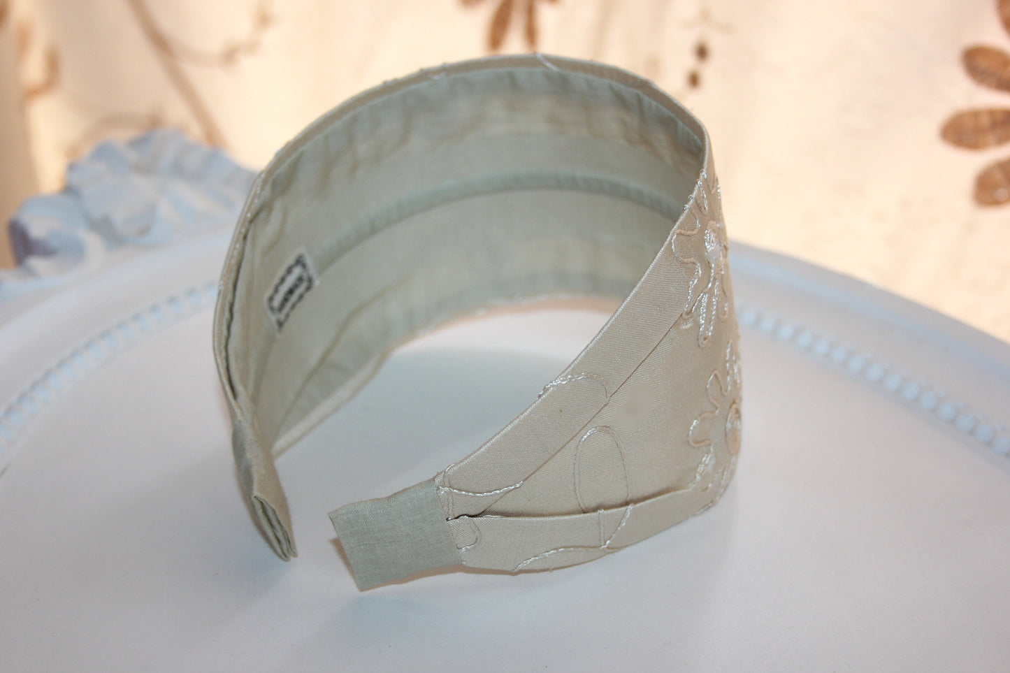 Embroidered silk headband, Beige Wide hair band Comfy headpiece