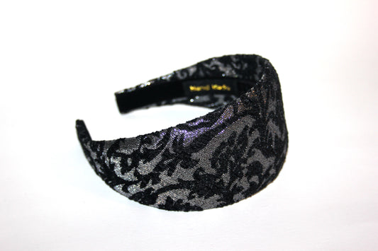 Black & Silver jacquard velvet headband Damask pattern fashion hairband, plastic free