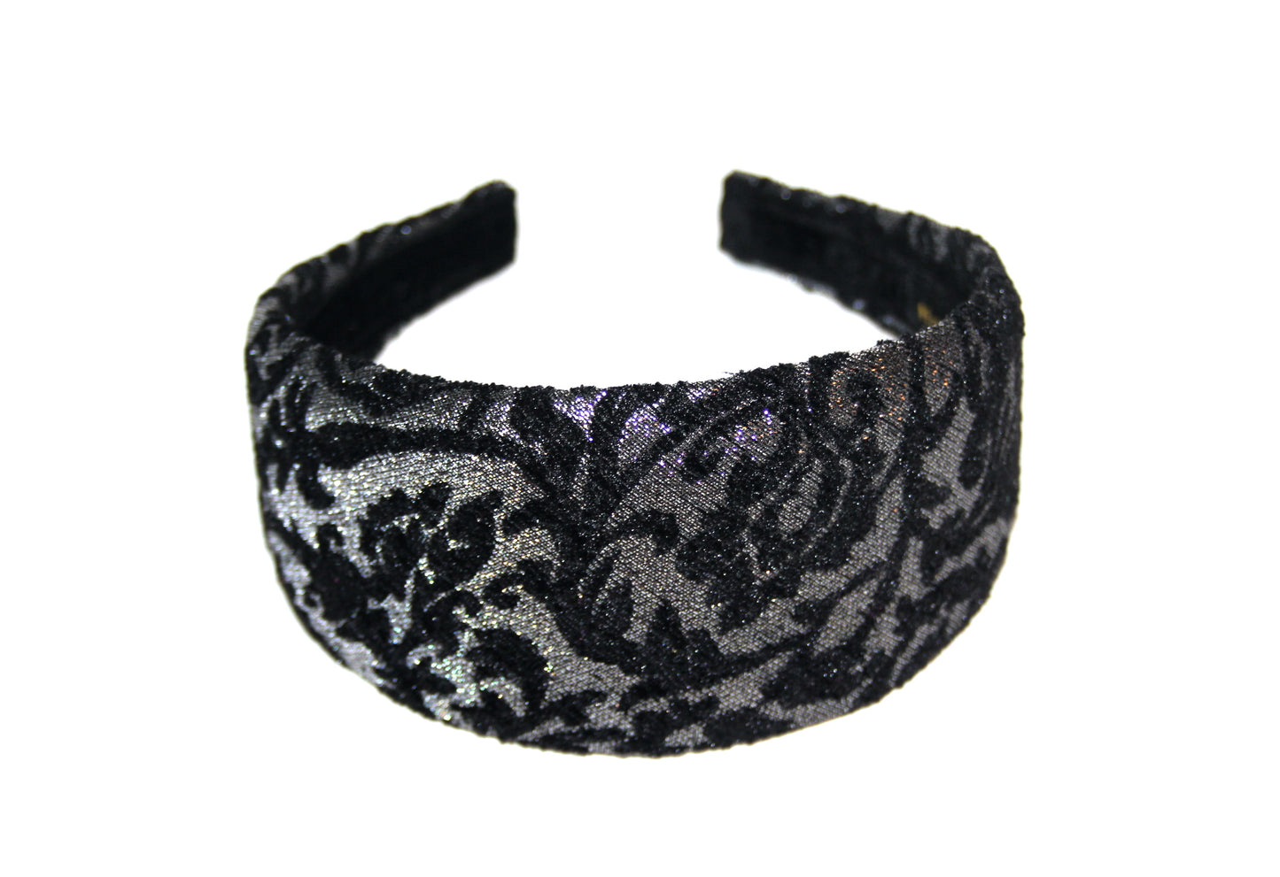 Black & Silver jacquard velvet headband Damask pattern fashion hairband, plastic free