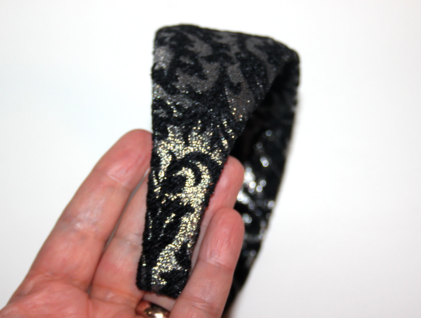 Black & Silver jacquard velvet headband Damask pattern fashion hairband, plastic free