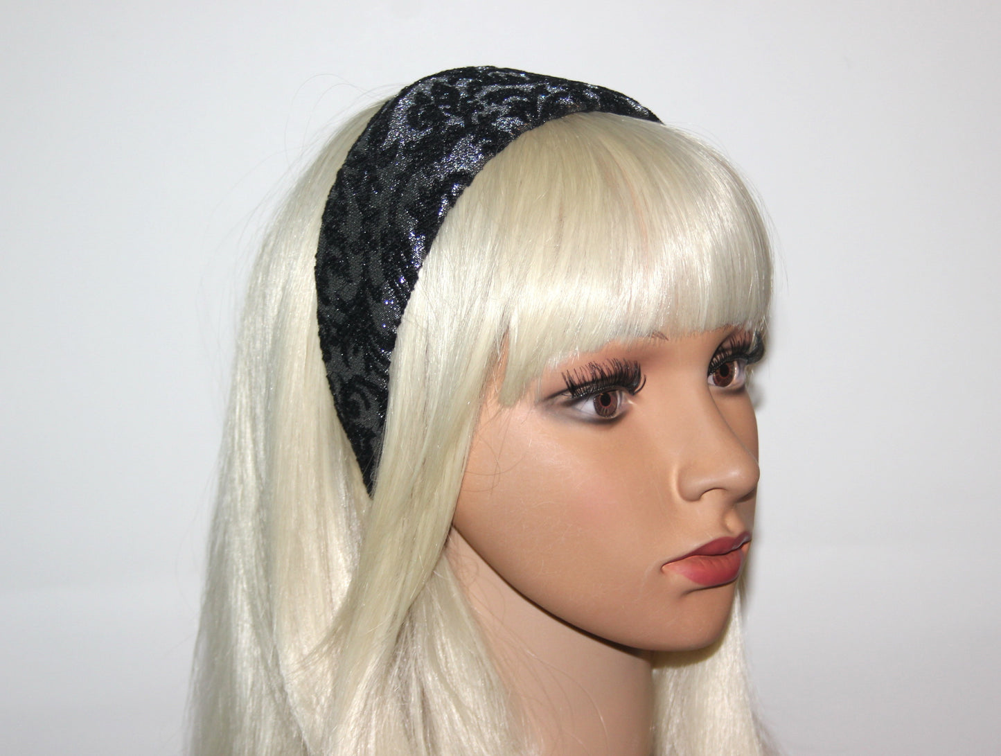 Black & Silver jacquard velvet headband Damask pattern fashion hairband, plastic free