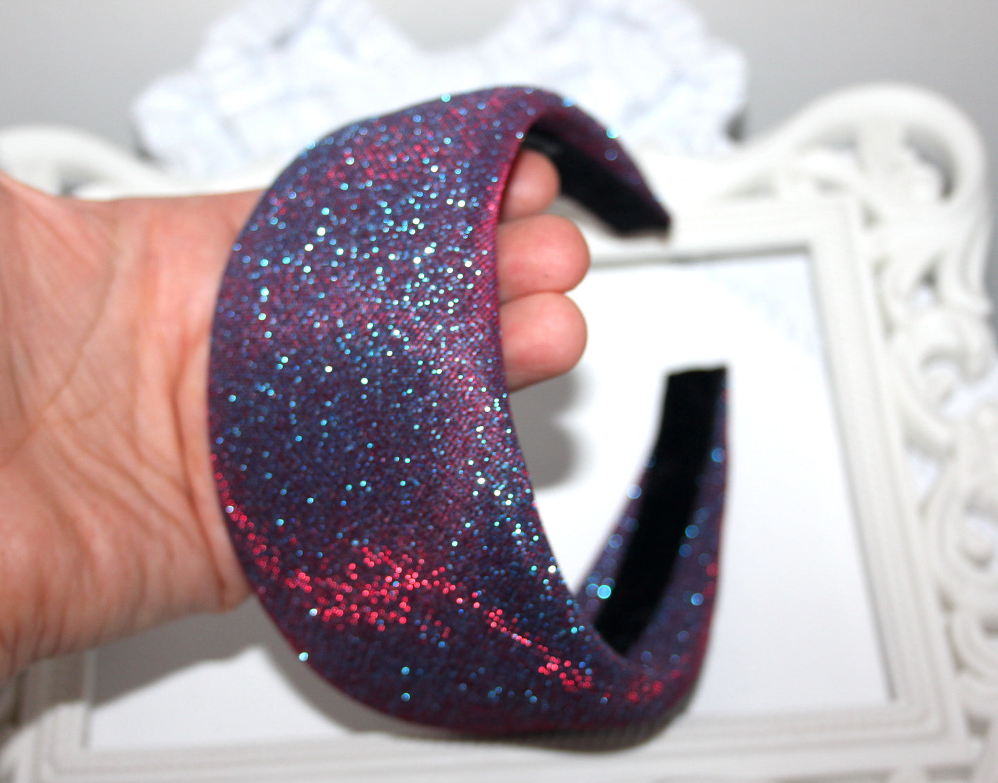 Stardust padded headband, Iridescent Purple sparkle head scarf, plastic free