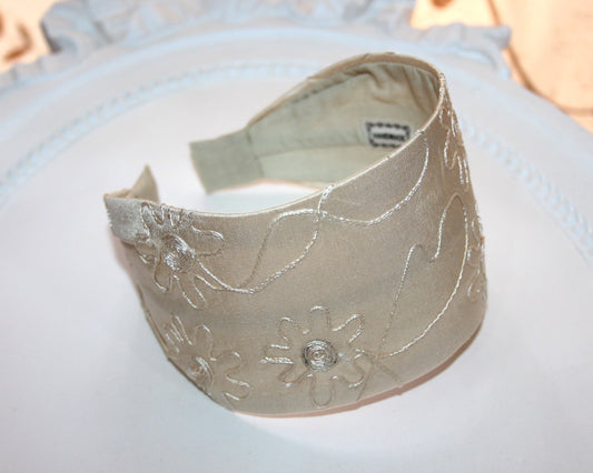 Embroidered silk headband, Beige Wide hair band Comfy headpiece