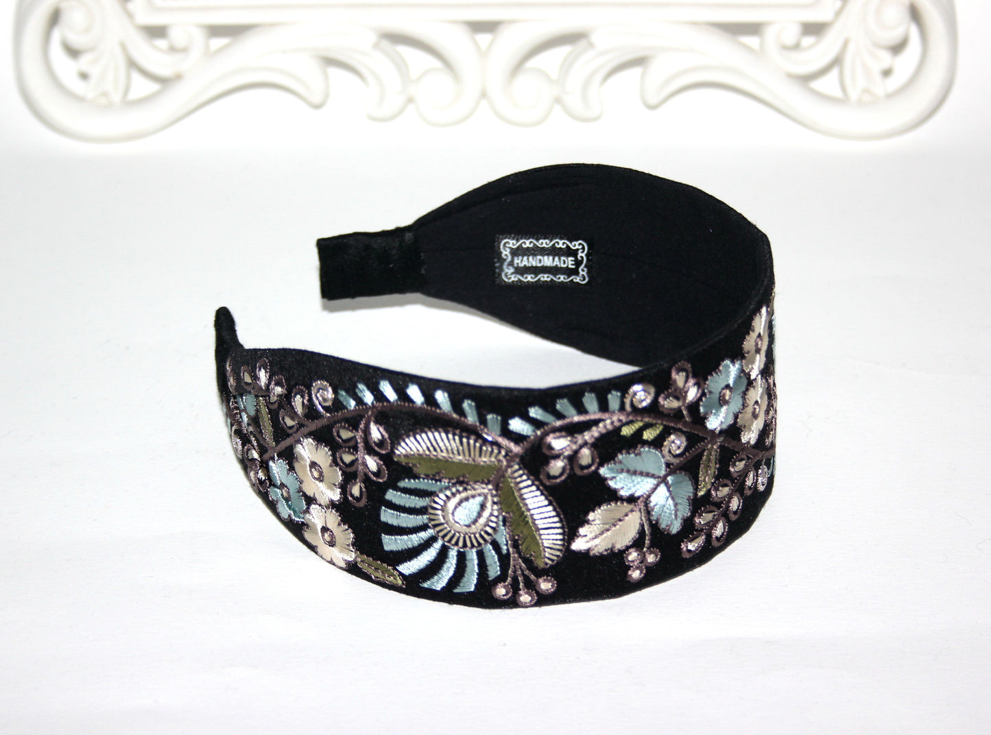 Fashion embroidered headband 2.35" inch Pastel colors Statement Black head scarf