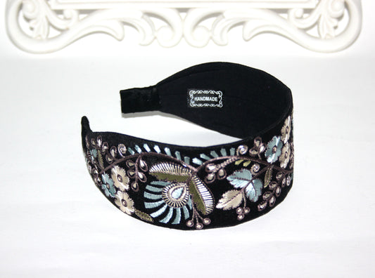 Fashion embroidered headband 2.35" inch Pastel colors Statement Black head scarf