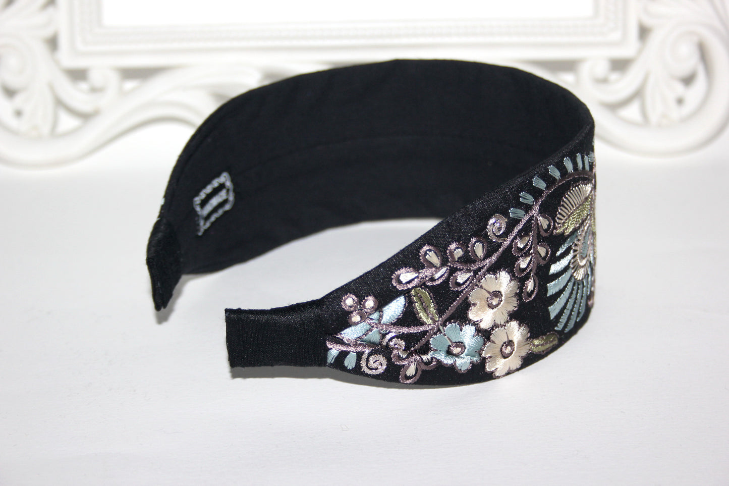 Fashion embroidered headband 2.35" inch Pastel colors Statement Black head scarf