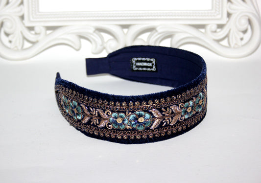 Dark Blue embroidered headband 1.6"inch Gold sequin velvet headpiece Boho hairband
