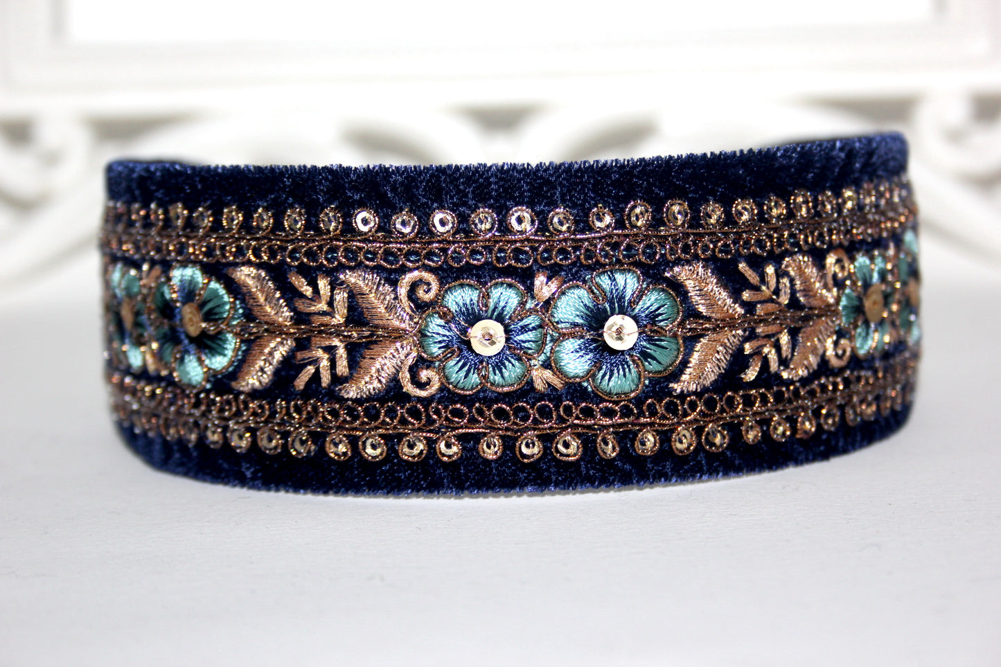 Dark Blue embroidered headband 1.6"inch Gold sequin velvet headpiece Boho hairband