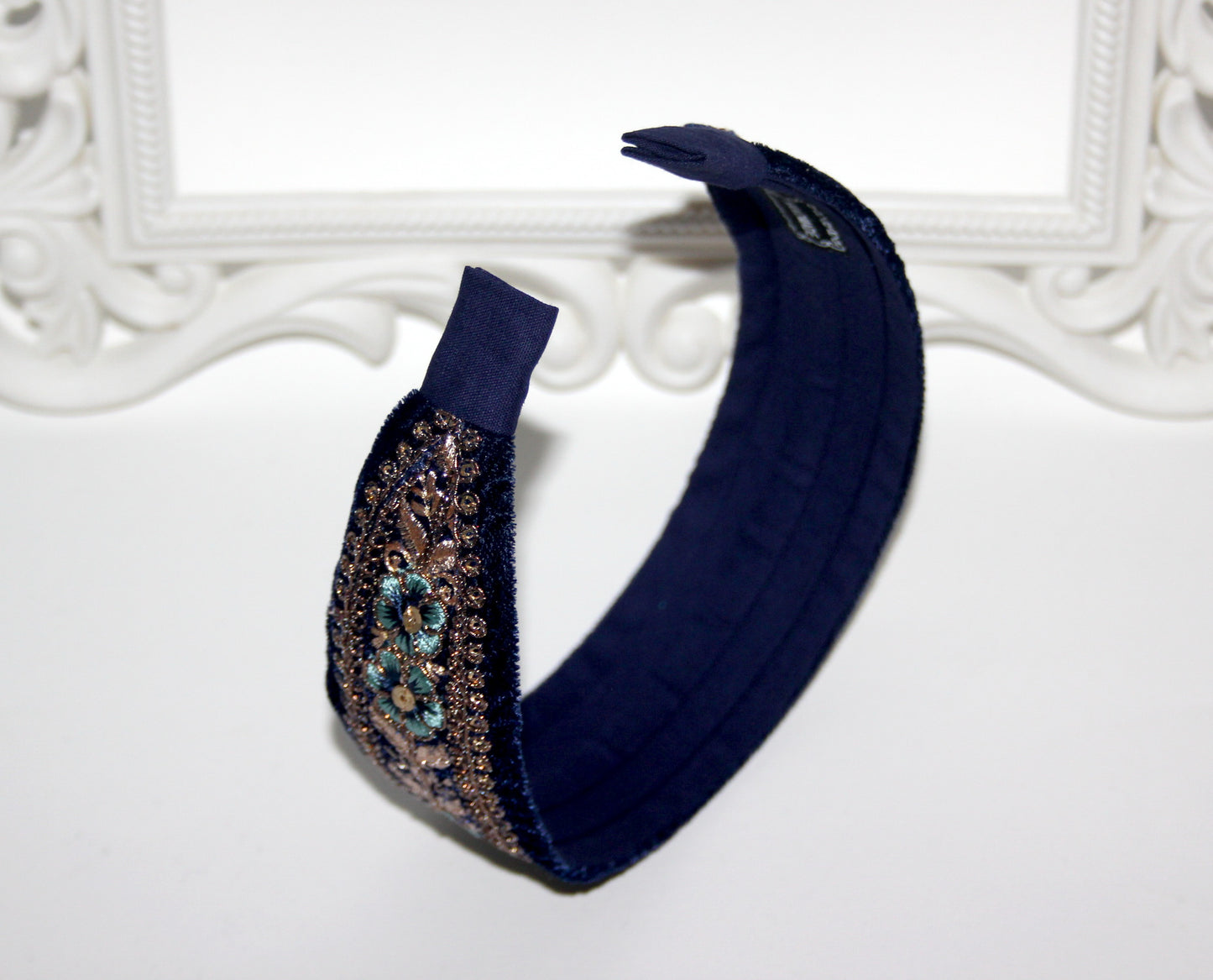 Dark Blue embroidered headband 1.6"inch Gold sequin velvet headpiece Boho hairband