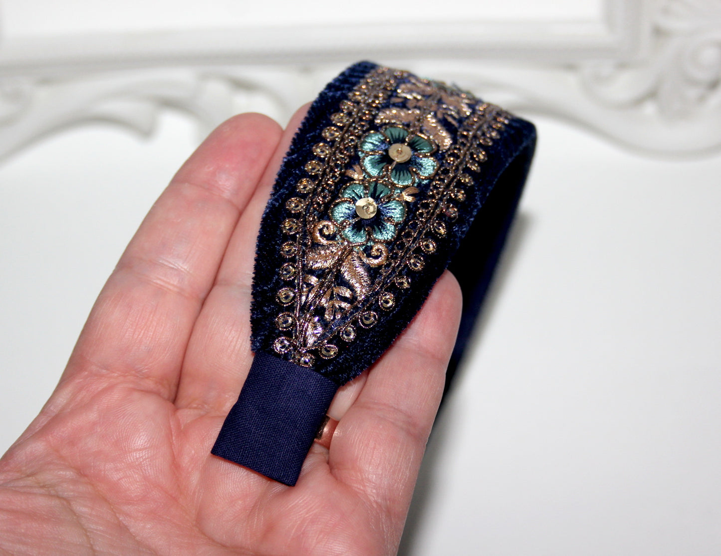 Dark Blue embroidered headband 1.6"inch Gold sequin velvet headpiece Boho hairband
