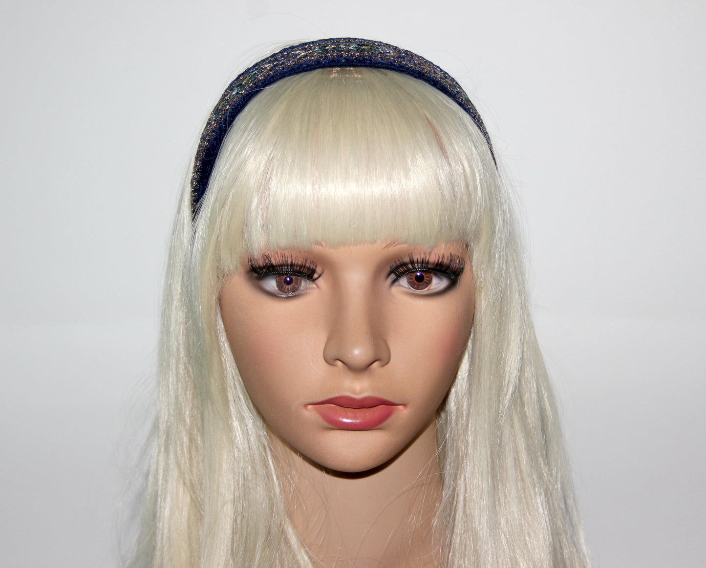 Dark Blue embroidered headband 1.6"inch Gold sequin velvet headpiece Boho hairband