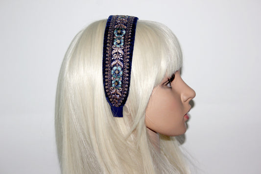 Dark Blue embroidered headband 1.6"inch Gold sequin velvet headpiece Boho hairband