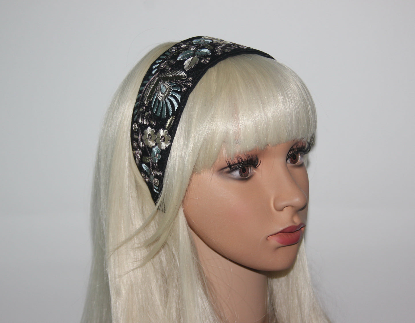 Fashion embroidered headband 2.35" inch Pastel colors Statement Black head scarf