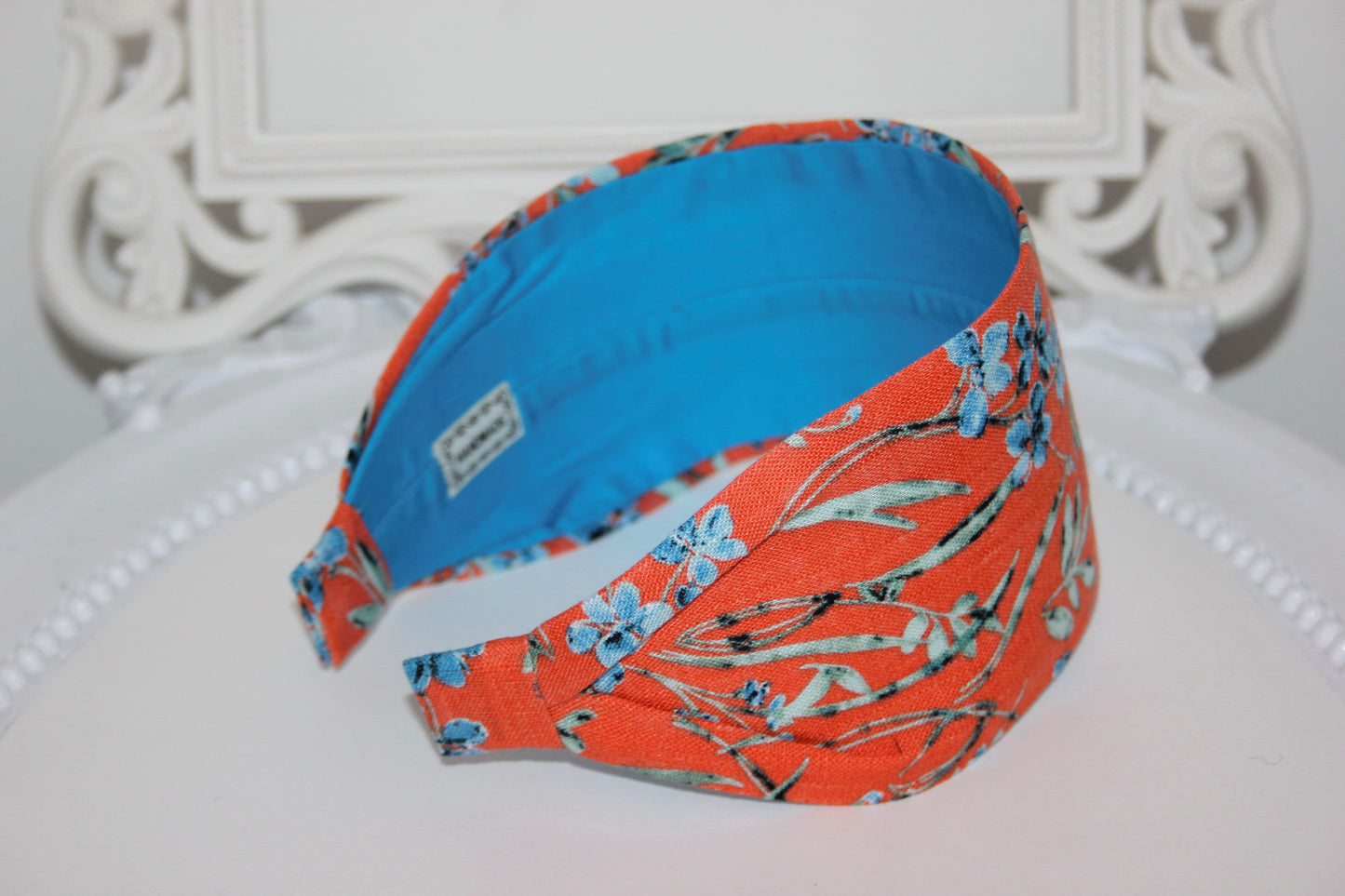 Orange linen headband for women Retro print headwrap