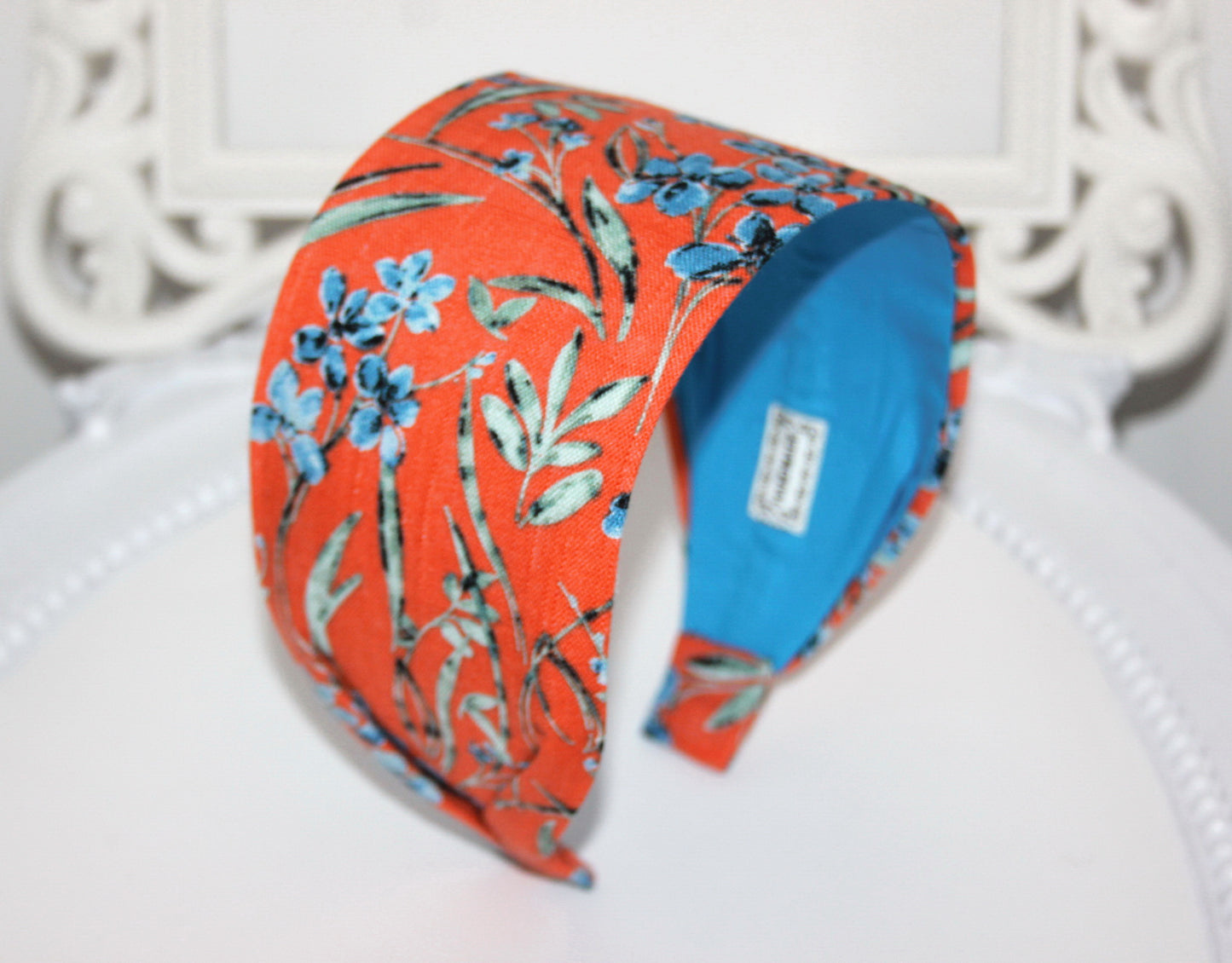 Orange linen headband for women Retro print headwrap