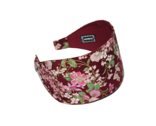 Dark Red cotton headband Pink flower print headcover