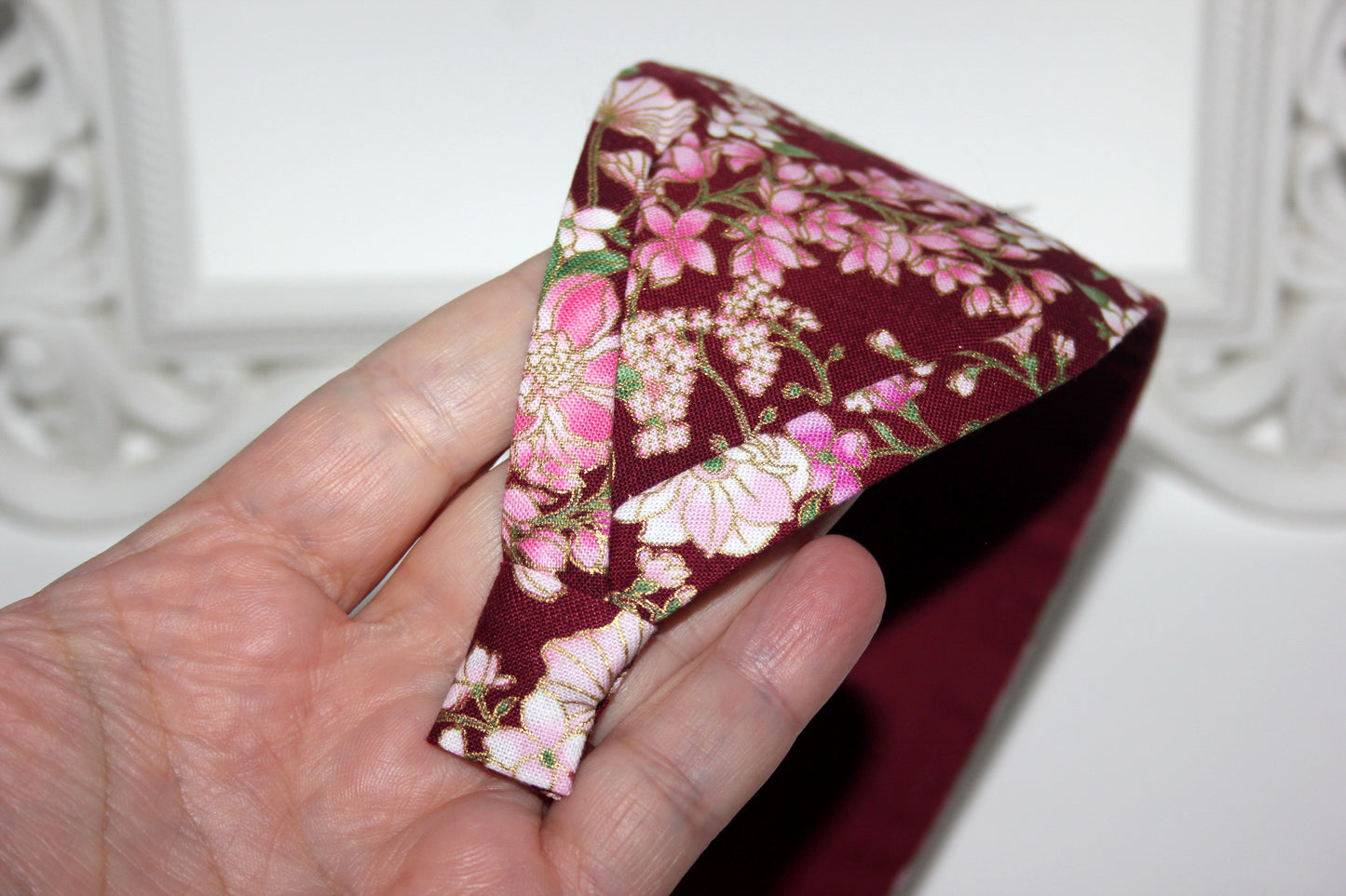 Dark Red cotton headband Pink flower print headcover
