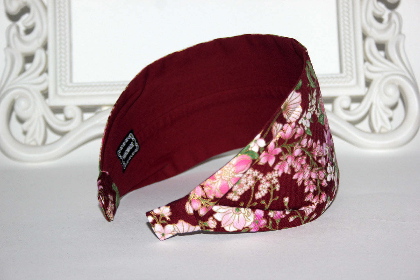 Dark Red cotton headband Pink flower print headcover