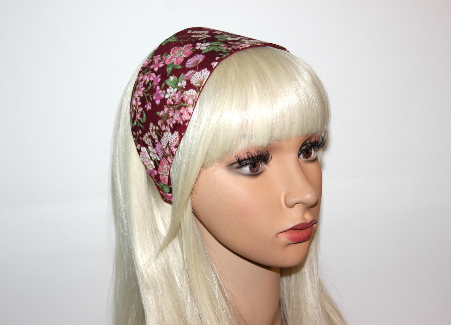 Dark Red cotton headband Pink flower print headcover