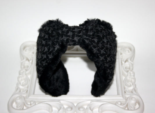 Dark Gray & Black earmuffs women Houndstooth ear warmer faux fur comfy headband