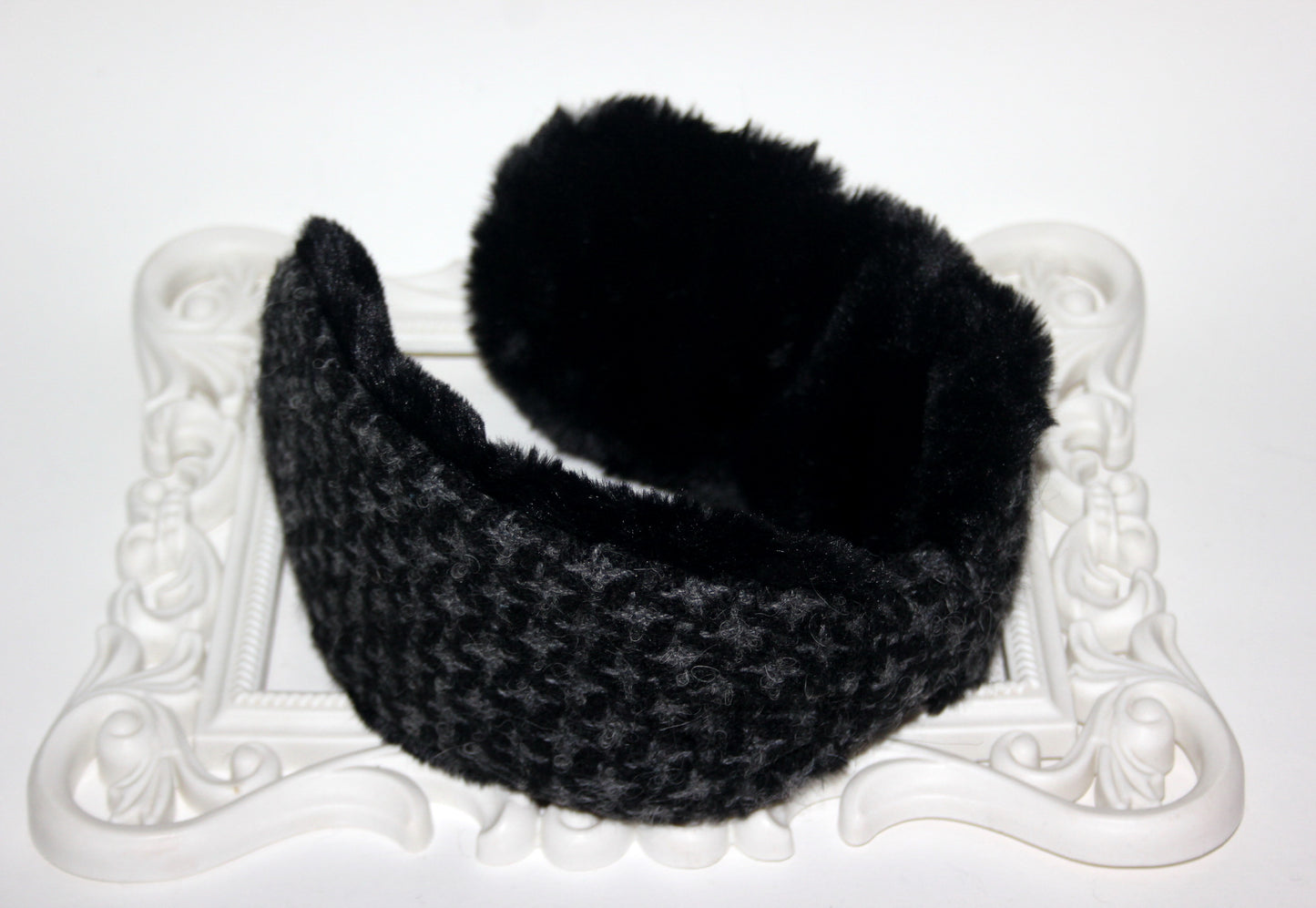 Dark Gray & Black earmuffs women Houndstooth ear warmer faux fur comfy headband