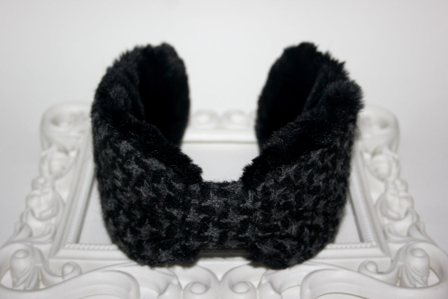 Dark Gray & Black earmuffs women Houndstooth ear warmer faux fur comfy headband