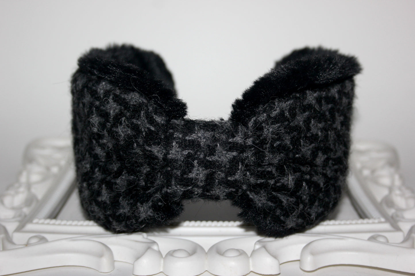Dark Gray & Black earmuffs women Houndstooth ear warmer faux fur comfy headband