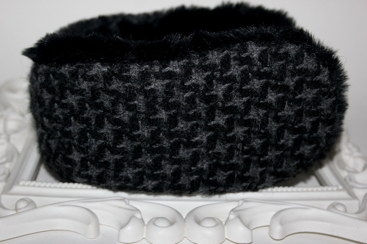 Dark Gray & Black earmuffs women Houndstooth ear warmer faux fur comfy headband