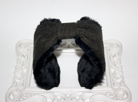 Army Green & Black earmuffs women Herringbone ear warmer faux fur comfy headband turban