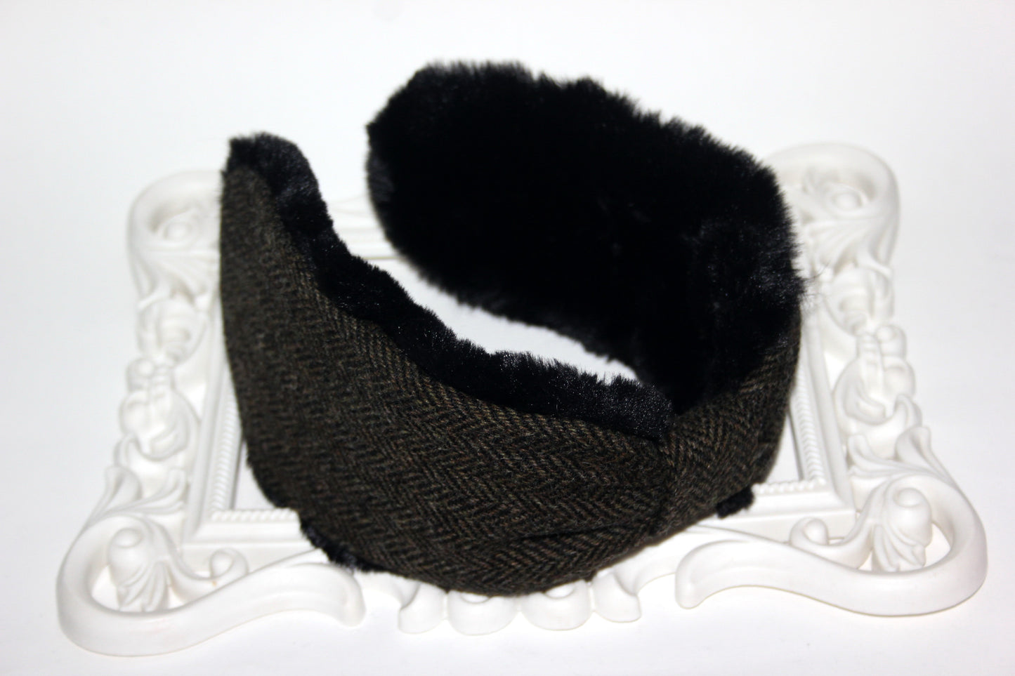 Army Green & Black earmuffs women Herringbone ear warmer faux fur comfy headband turban