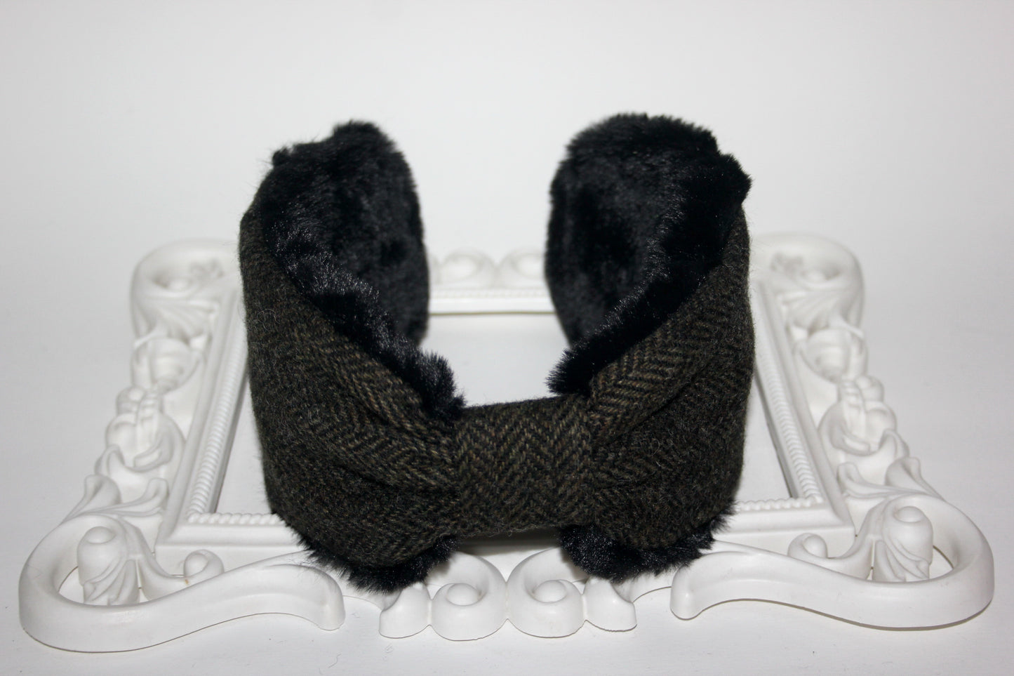 Army Green & Black earmuffs women Herringbone ear warmer faux fur comfy headband turban