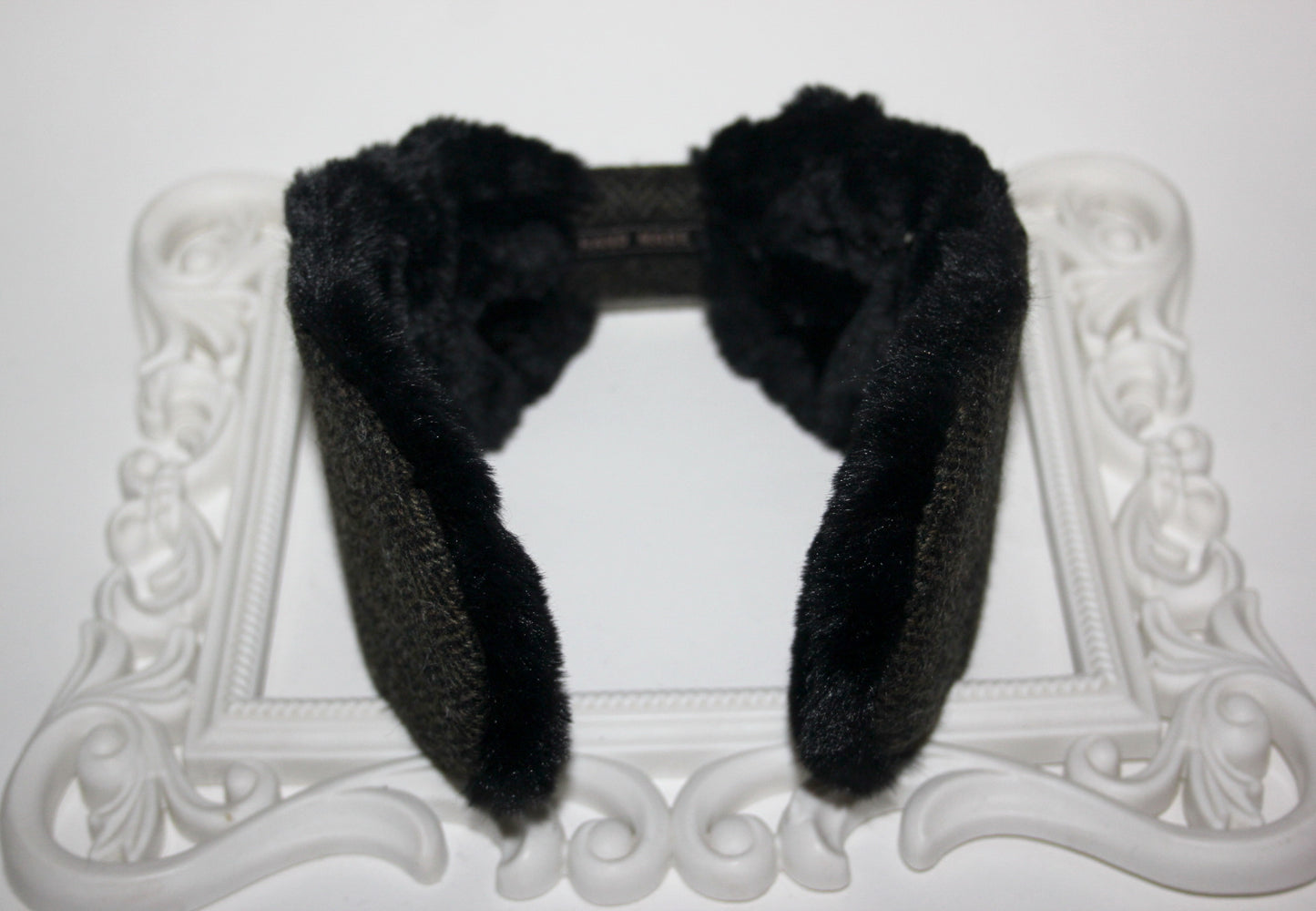Army Green & Black earmuffs women Herringbone ear warmer faux fur comfy headband turban