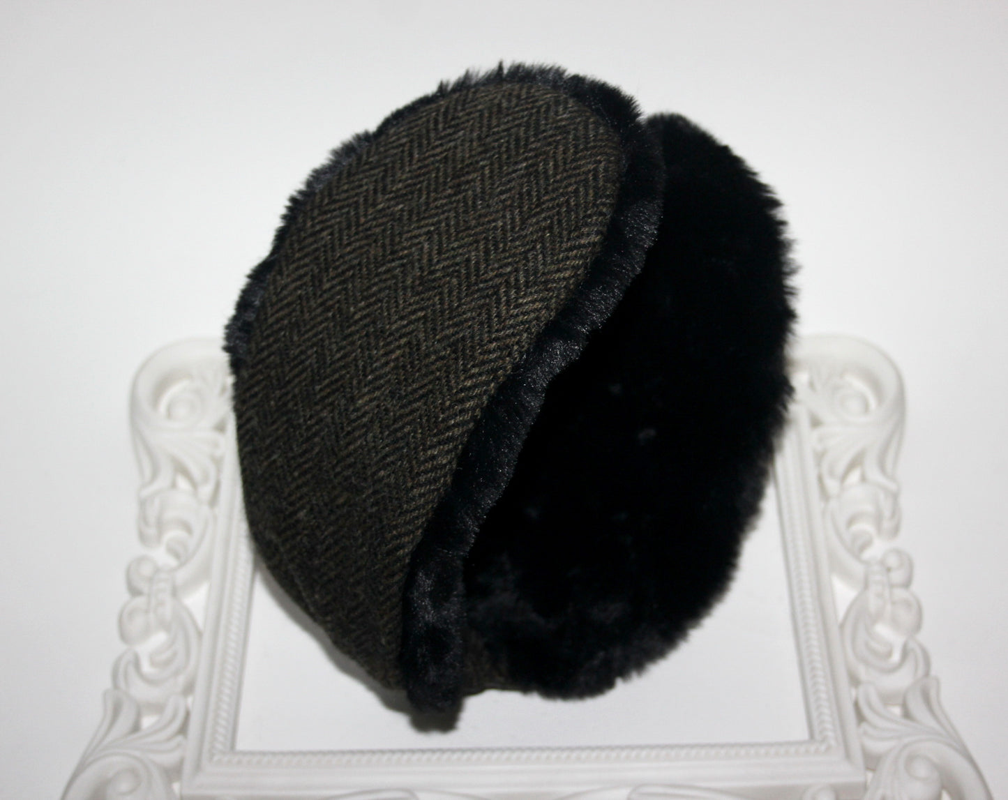 Army Green & Black earmuffs women Herringbone ear warmer faux fur comfy headband turban