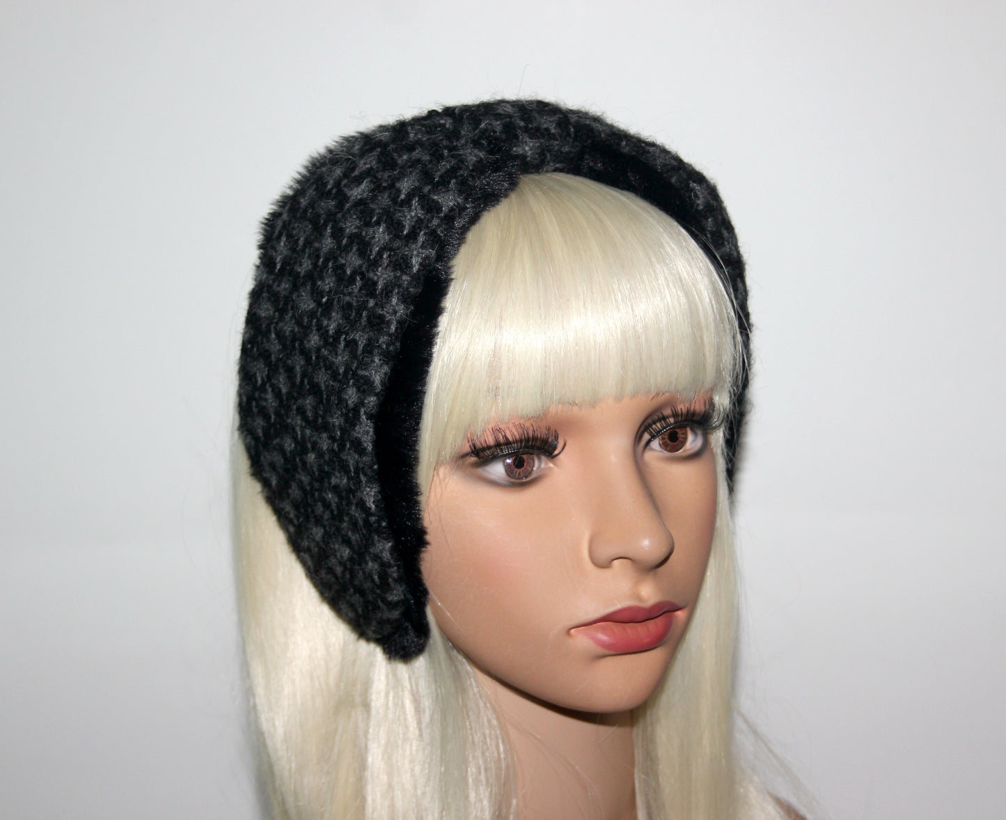 Dark Gray & Black earmuffs women Houndstooth ear warmer faux fur comfy headband