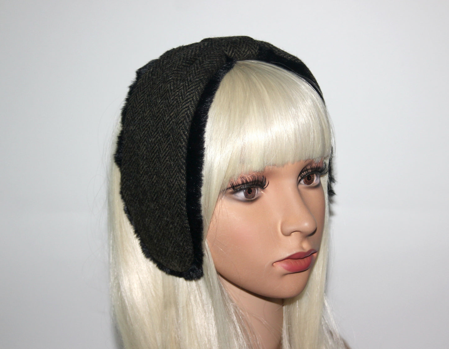 Army Green & Black earmuffs women Herringbone ear warmer faux fur comfy headband turban