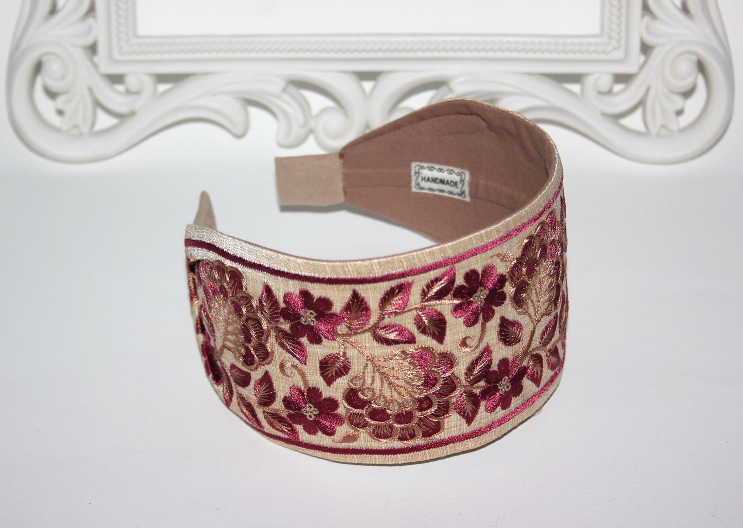 Beige & Wine Red embroidered headband for women 3" inch statement wide hairband