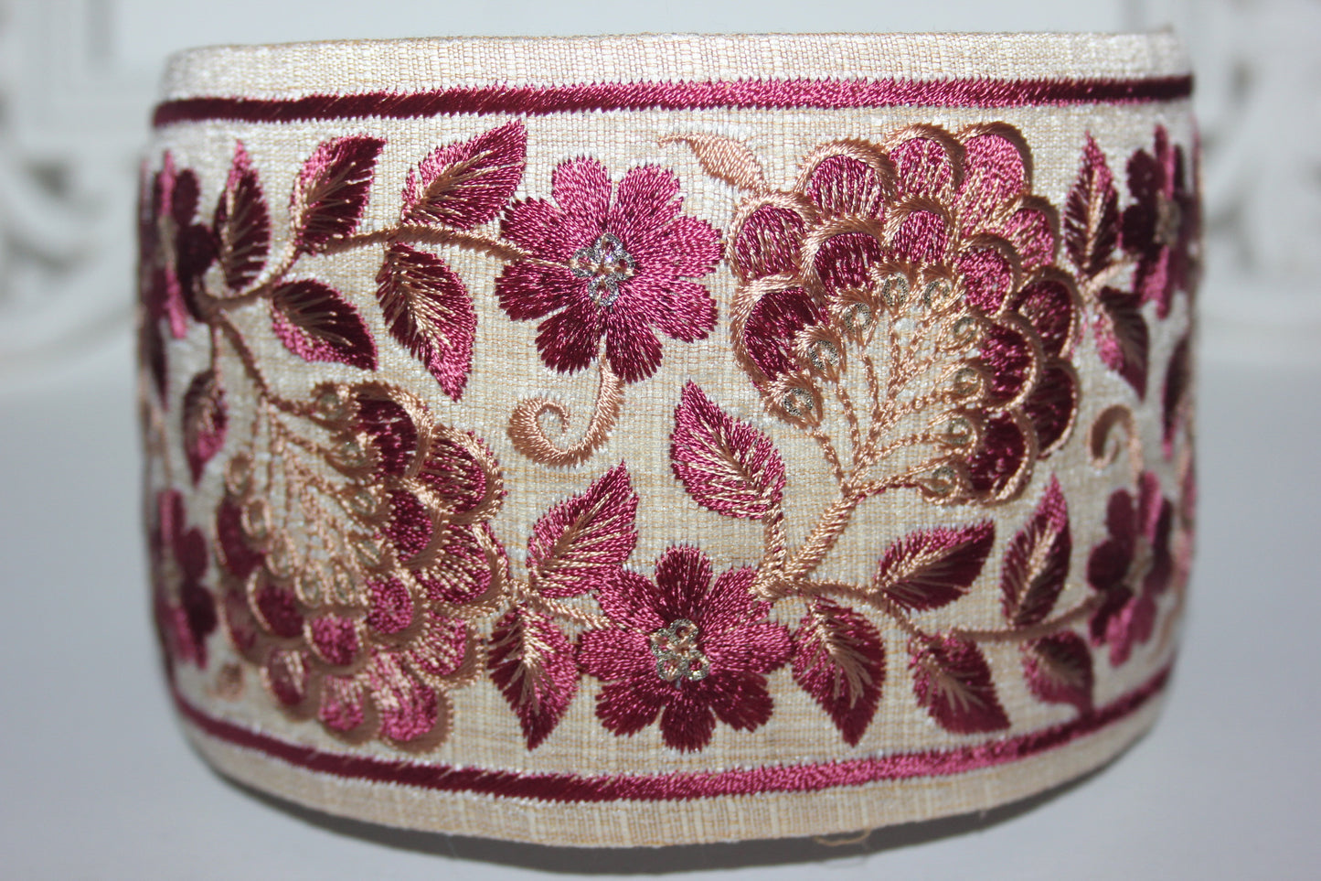 Beige & Wine Red embroidered headband for women 3" inch statement wide hairband