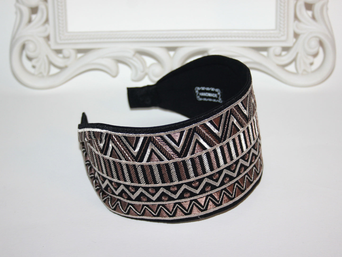 Embroidered headband 3.15 inch Brown & Black geometric pattern festival head accessory
